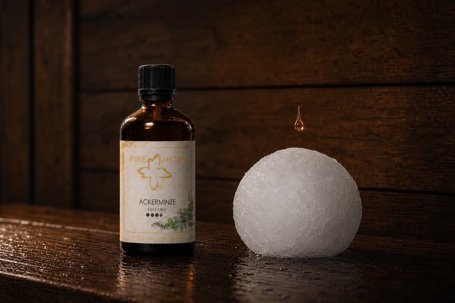 PureNatureOil Duftöl mit einem Tropfen über einem Eisball